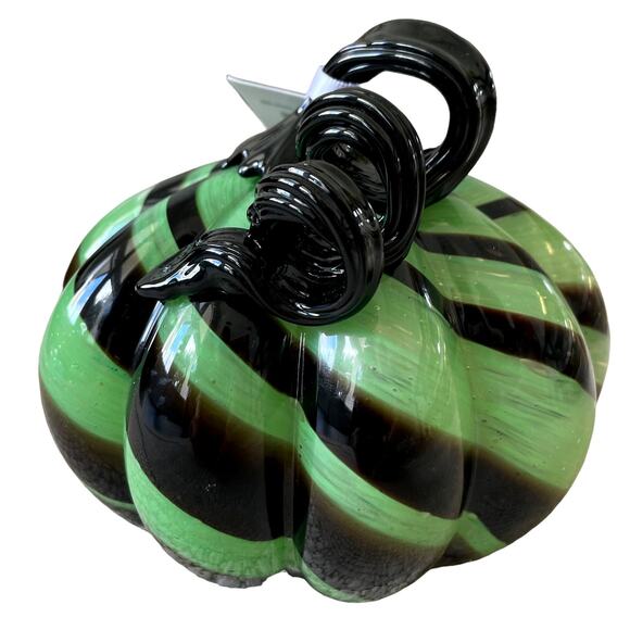 Mikasa Hand Blown Art Glass Pumpkin Black Green Swirl Halloween Fall Decor New